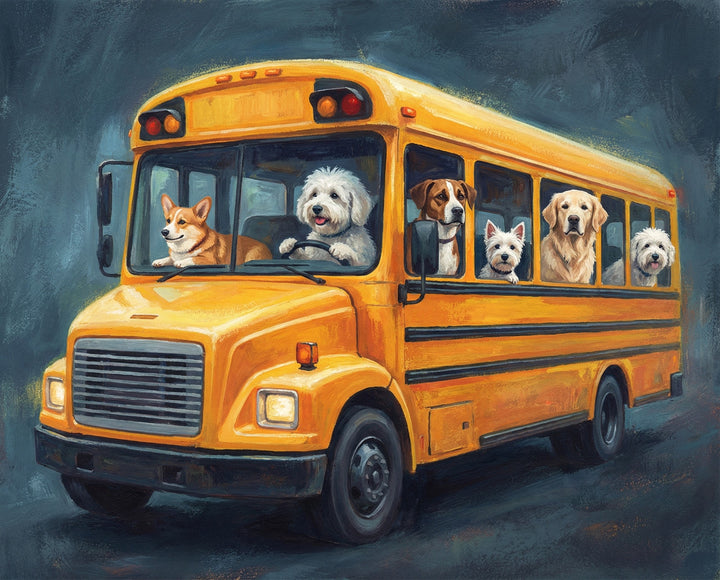 A group of happy dogs ride in a vivid yellow school bus, including a corgi in the passenger seat and a fluffy white dog driving, creating a fun and imaginative twist on a classic school day.
