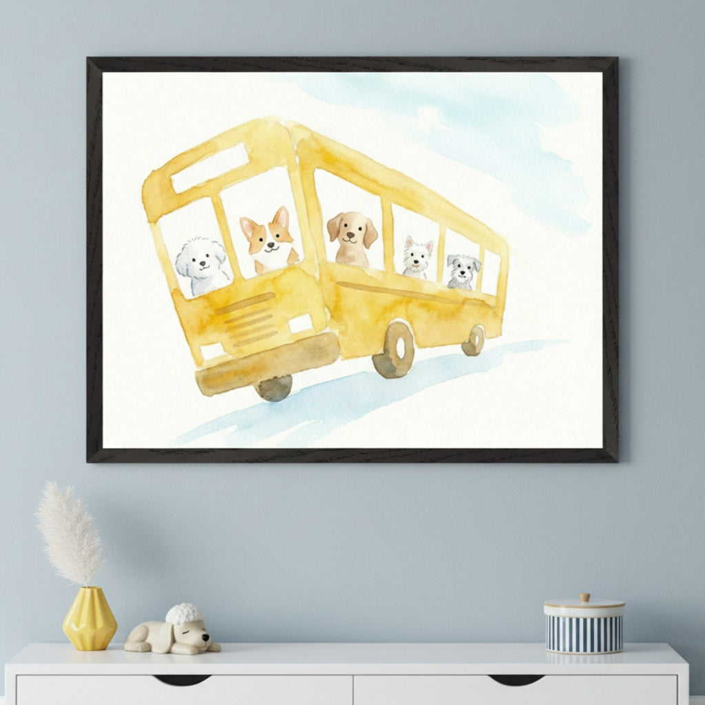 Modern room with a light blue wall and a white dresser. A large black-framed watercolor painting of a yellow school bus carrying various dogs looking out its windows hangs centered above the dresser.