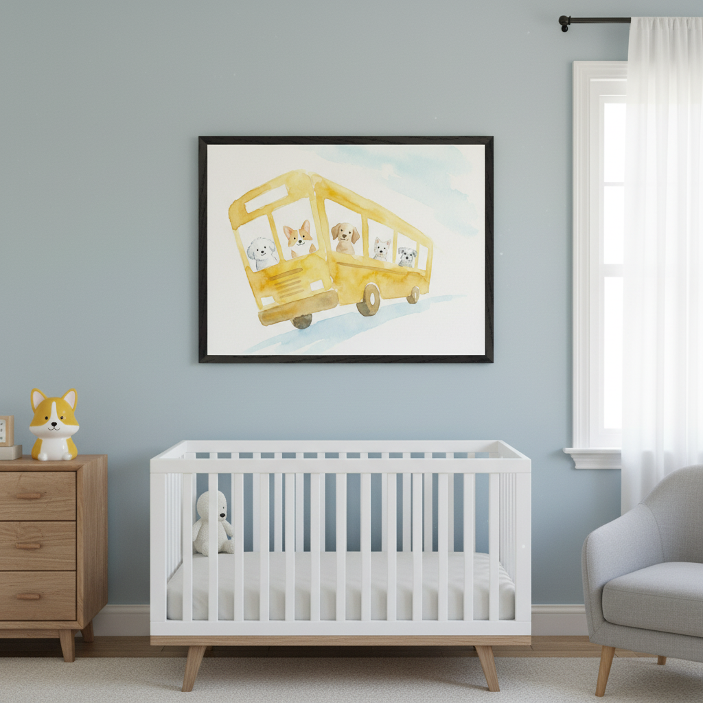 Modern nursery with a white crib and light wood dresser. A large framed watercolor painting of five dogs riding in a yellow school bus hangs centered above the crib.