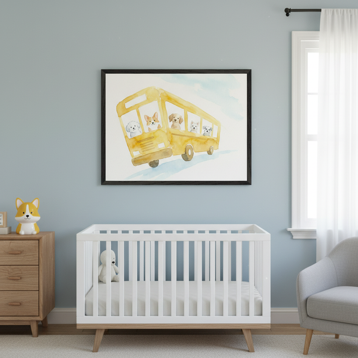 Modern nursery with a white crib and light wood dresser. A large framed watercolor painting of five dogs riding in a yellow school bus hangs centered above the crib.