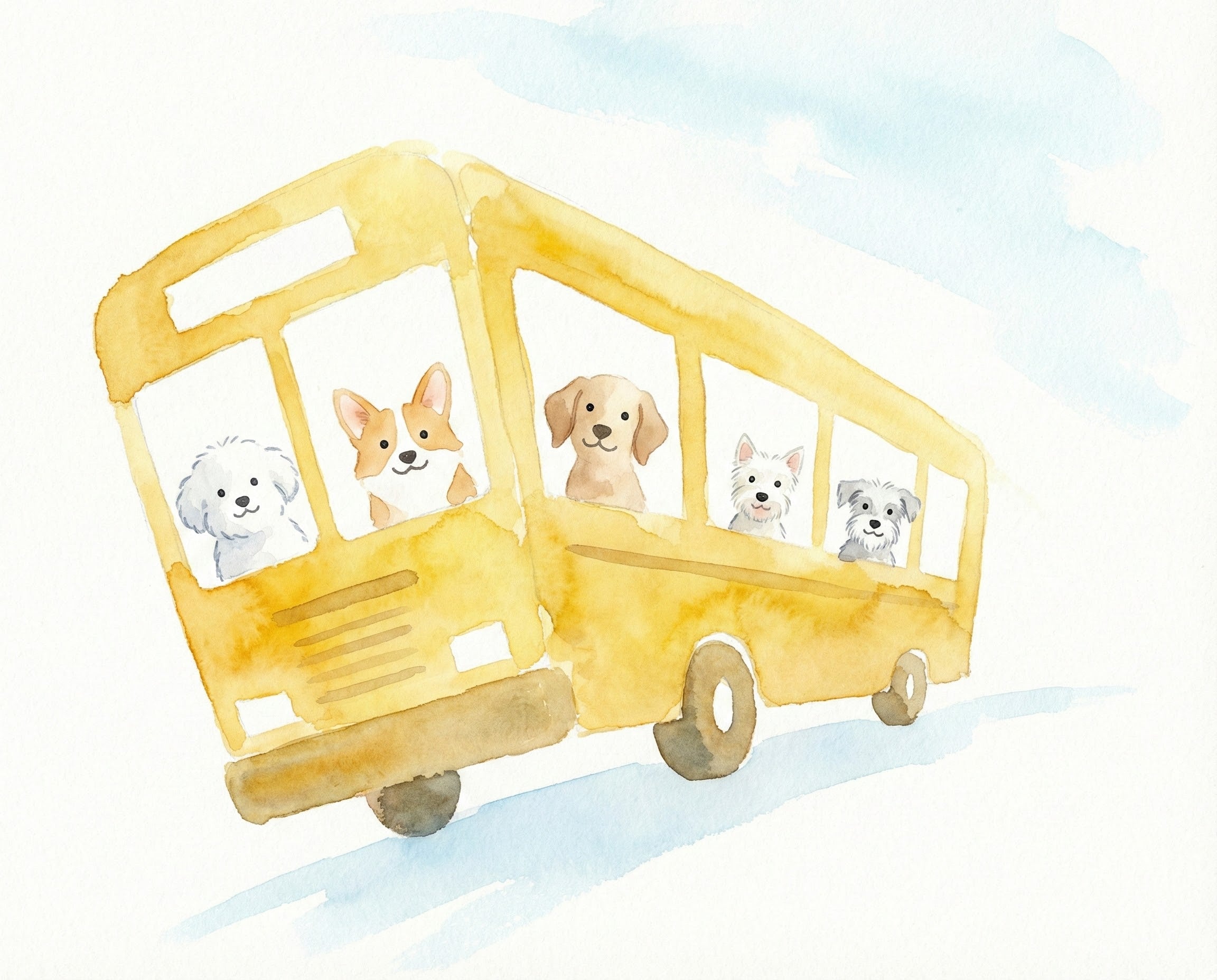 A soft watercolor image of five adorable dogs peeking out of a tilted yellow school bus, each with a cheerful expression, capturing a gentle and joyful moment of playful travel.
