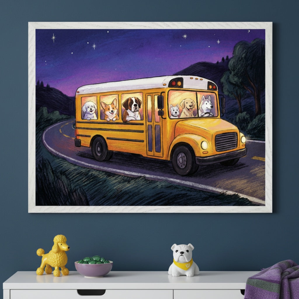 Kid's room with a dark blue wall and white dresser. A framed cartoon illustration of various dogs riding in a yellow school bus at night under a starry sky is centered above the dresser. Toys and a bowl of candy are on the dresser.