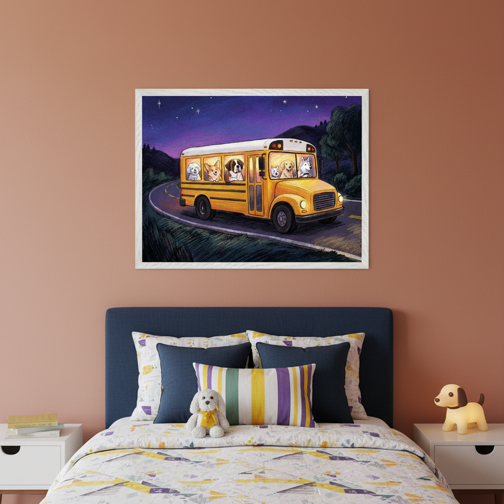 Kid's bedroom with a blue-headed bed and two white nightstands. A framed illustration of a yellow school bus filled with various cartoon dogs driving on a road at night hangs centered above the bed.