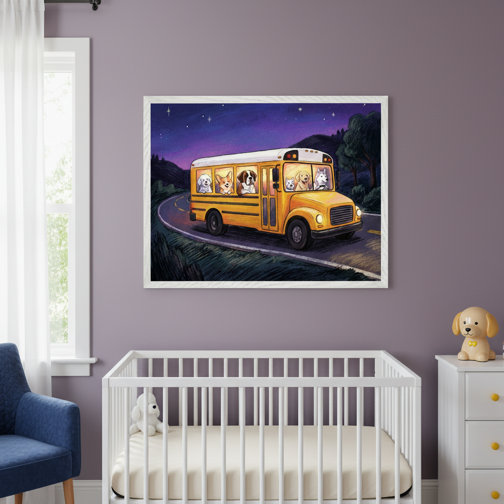 Modern nursery with purple walls. A large framed cartoon print of a yellow school bus with dogs driving on a winding road at night hangs centered above a white crib. A blue armchair is left, a white dresser with a dog figurine right.
