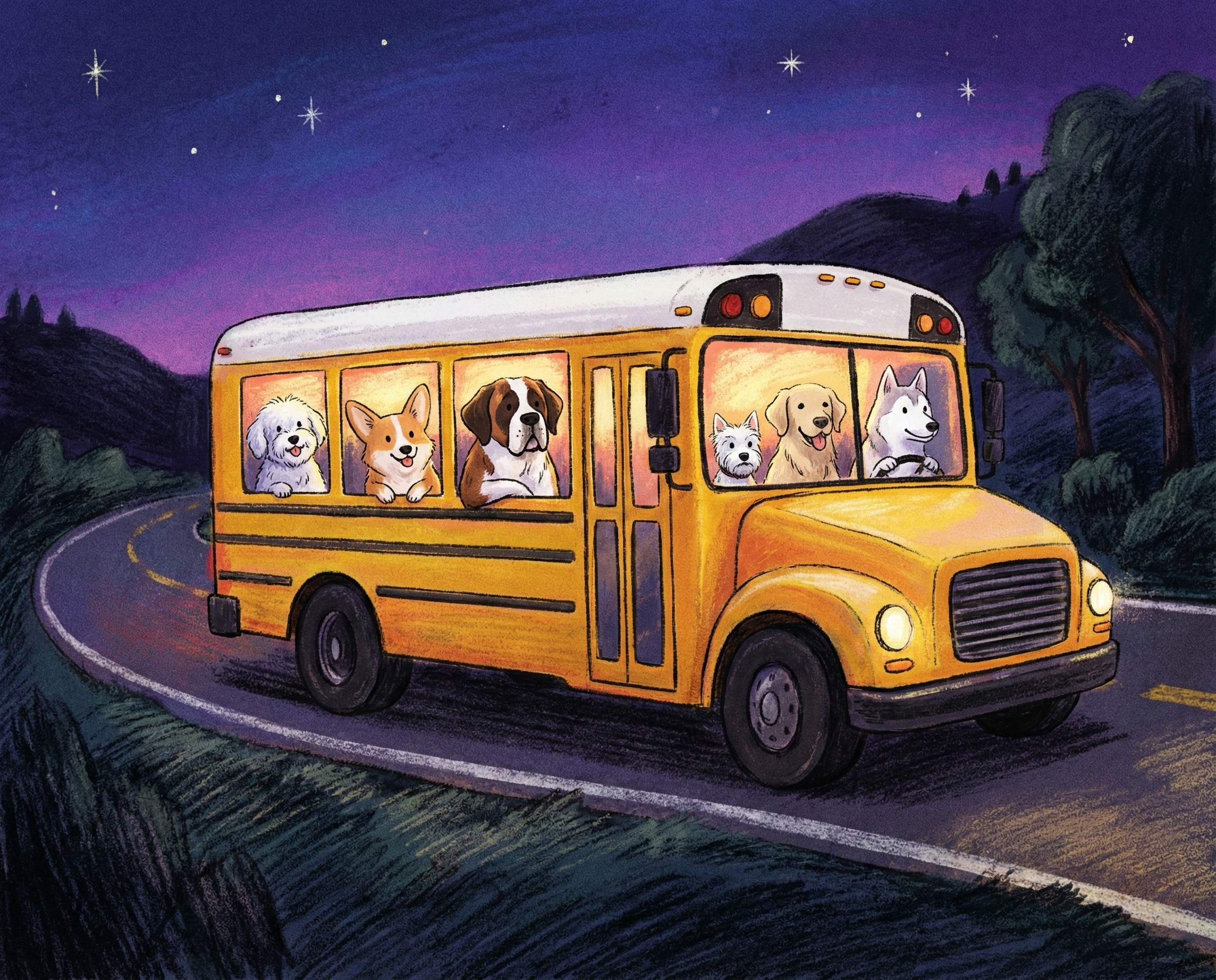 A charming evening scene of dogs inside a glowing yellow school bus driving along a winding road under a starry sky, blending adventure and cuteness in a nighttime setting.

