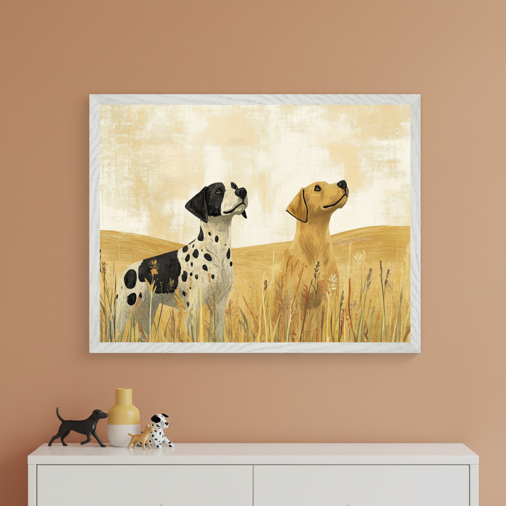 Modern room with a white dresser against a brown wall. An illustrative framed print of a black and white English Pointer and a golden Labrador in a field looking up hangs centered above the dresser. Dog figurines and a vase are on the dresser.