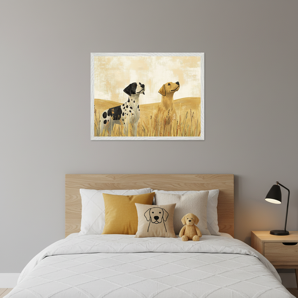 Modern bedroom with a light wood bed and white quilt. A large framed textured painting of a black and white spotted dog and a golden dog looking up from a golden field hangs centered above the bed.