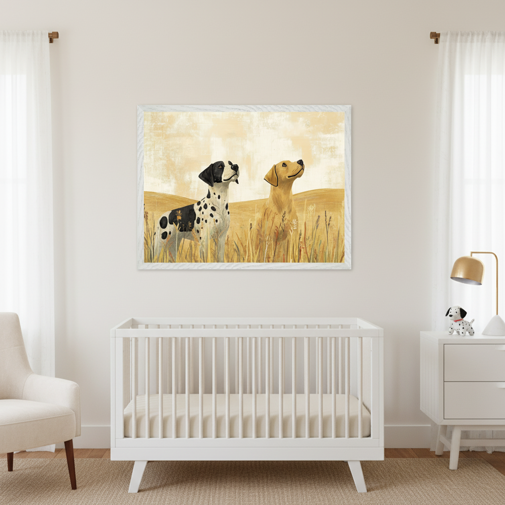 Modern nursery with a white crib, armchair, and nightstand. A large framed painting of a black and white spotted dog and a yellow lab standing in a grassy field, looking up, hangs centered above the crib.
