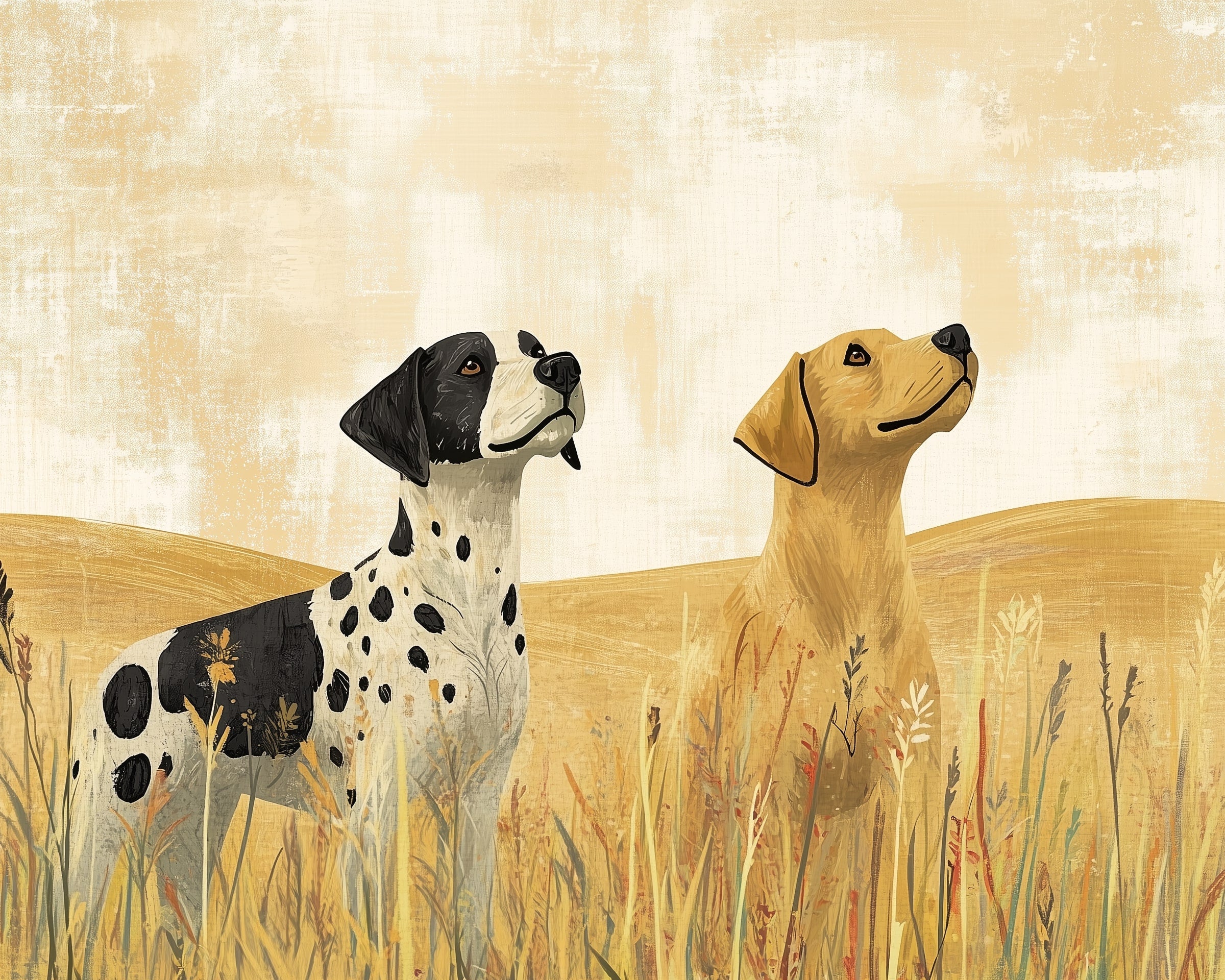 Dog Wall Art for Nursery, Playroom or Kids Bedrooms - Dalmatian and Labrador in Golden Field - Hunting Pals