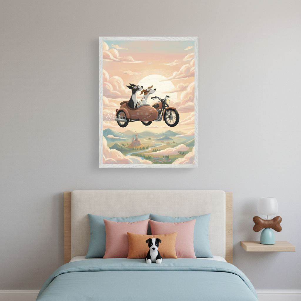 Kid's bedroom with a bed, light blue duvet, and a black-and-white dog plushie. A large framed illustration of two dogs riding a flying motorcycle with a sidecar above a whimsical landscape of a castle and clouds hangs centered above the bed.