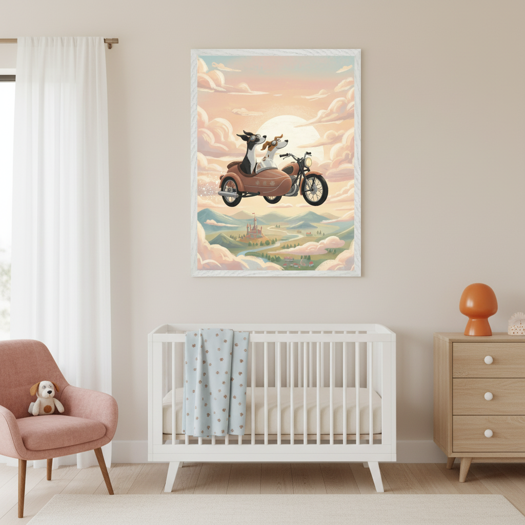 Modern nursery with a white crib, pink armchair, and light wood dresser. A large framed whimsical illustration hangs above the crib and dresser, depicting two dogs flying a motorcycle with a sidecar over a fairytale landscape with a castle, clouds, and a sun.