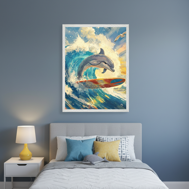 Kid's bedroom with a gray bed, blue and yellow pillows, and white nightstand with a yellow lamp. A large framed painterly print of a dolphin surfing a wave with a colorful surfboard hangs centered above the bed.
