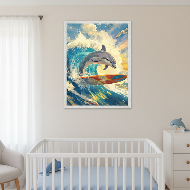 Modern nursery with a white crib and gray armchair. A large framed painterly artwork of a dolphin surfing on a colorful board in a wave with a seagull overhead hangs above the crib. A white dresser is to the right.