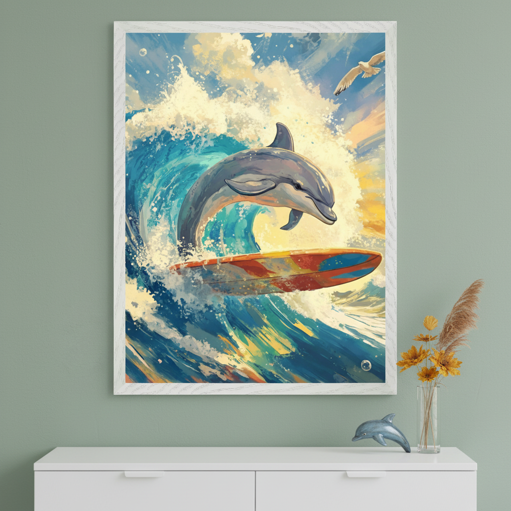 Modern room with a sage green wall. A large framed painting of a dolphin leaping a big wave with a colorful surfboard and a seagull hangs above a white dresser. The artwork is in an expressive style.