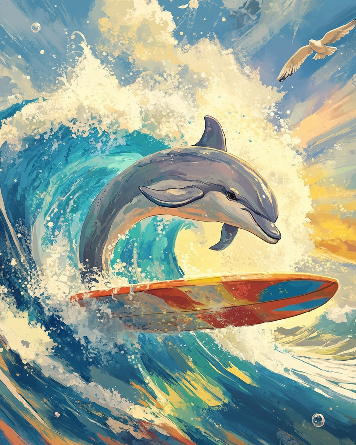 A lively illustration of a dolphin riding a colorful surfboard on a cresting wave, with splashes of water surrounding it. The sky is a vibrant mix of blue, yellow, and orange hues, and a seagull flies gracefully above.