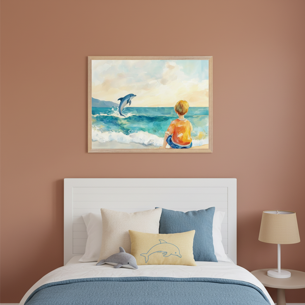 Bedroom with a white headboard bed and blue bedding. A large framed watercolor painting of a boy watching a dolphin jump from the ocean at sunset hangs above the bed. A nightstand with a lamp is to the right.