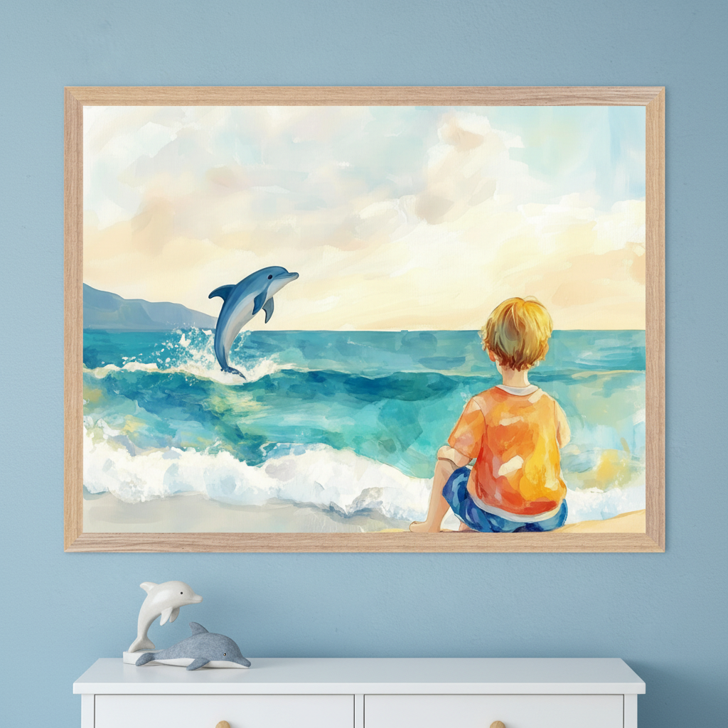A watercolor-style art shows a young boy with blond hair, wearing an orange shirt and blue shorts, sitting on a sandy beach and watching a dolphin leap from the ocean waves under a pastel sky. The framed artwork hangs on a blue wall above a white dresser decorated with two dolphin figurines.