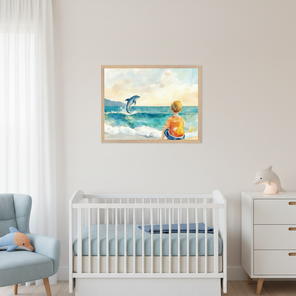 Modern nursery with a white crib, light blue armchair, and white dresser. A framed watercolor painting of a boy watching a dolphin jump at sunset on a beach hangs above the crib.