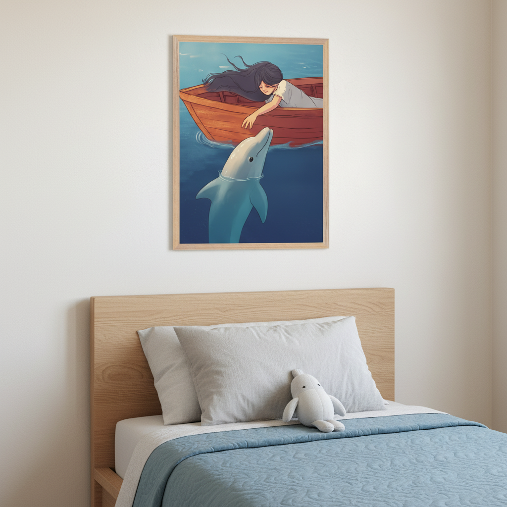 Kid's bedroom with a wooden headboard bed, light gray pillows, and a blue quilted blanket. A small white dolphin plush toy is on the bed. A framed, cartoon-style illustration of a girl in a boat reaching out to a dolphin in the water hangs centered on the white wall above the bed.