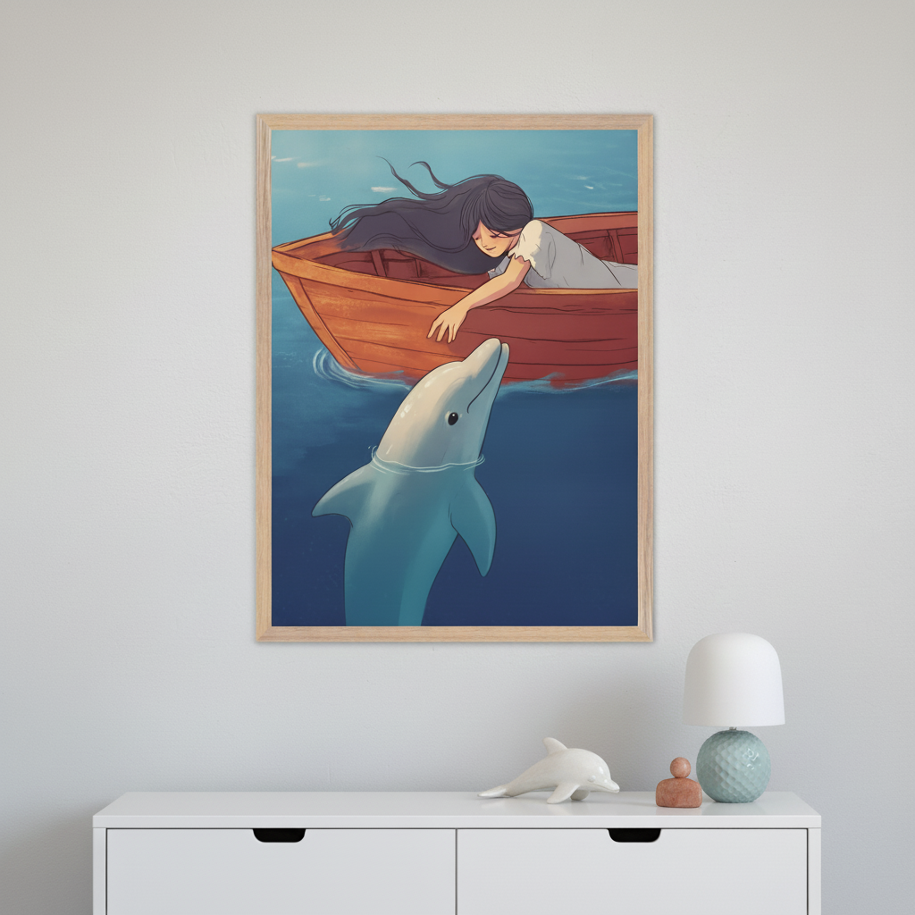 Modern room with a white dresser. A framed illustration of a girl in a boat reaching out to touch a dolphin in blue water hangs centered above the dresser. A white dolphin figurine and a light blue lamp are on the dresser.