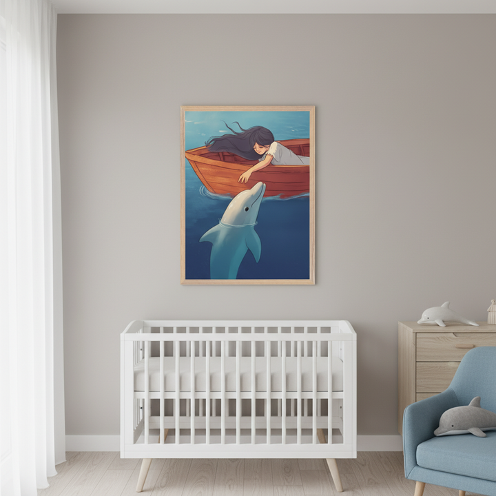 Modern nursery with a white crib, wooden dresser, and light blue armchair. A framed illustration of a girl in a boat touching a dolphin hangs on the gray wall above the crib.