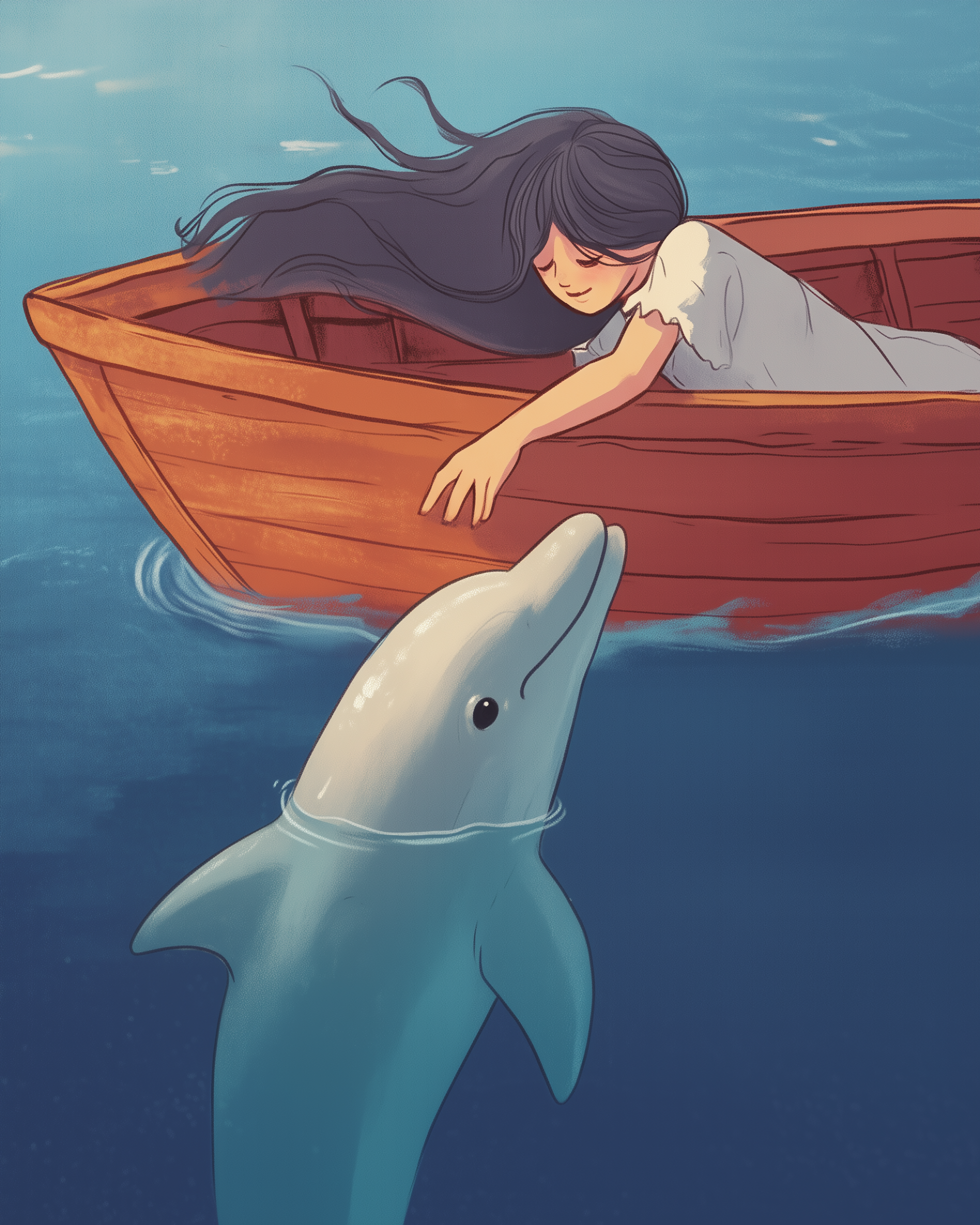 A girl with long dark hair leans over the side of a wooden boat, reaching out to a friendly dolphin in the water below. The scene is set under a clear blue sky, creating a serene and gentle atmosphere.