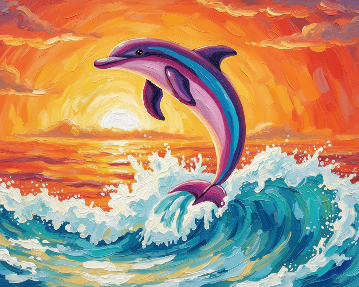 A vibrant painting depicts a dolphin leaping out of the ocean waves against a stunning sunset backdrop. The sky is ablaze with warm shades of orange and yellow, while the dolphin is rendered in striking purples and blues. The ocean waves are dynamic and textured, adding to the lively scene.