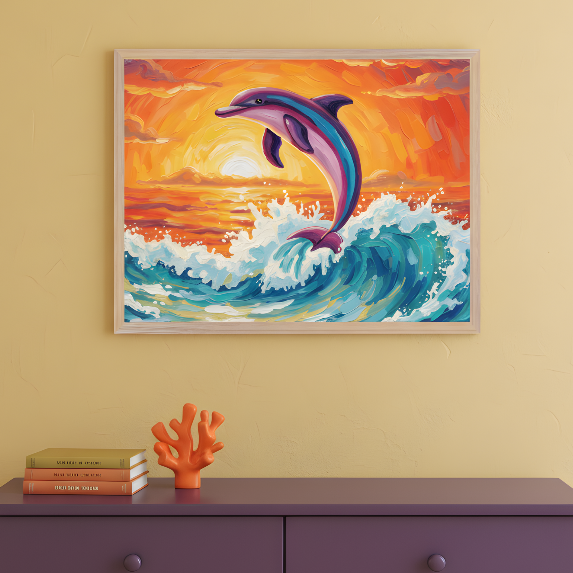 Colorful painting of a dolphin leaping from an ocean wave, set against a vivid sunset with swirling orange, red, and yellow tones. The artwork is framed and mounted on a yellow wall above a purple dresser, which holds a coral-shaped sculpture and stacked books.
