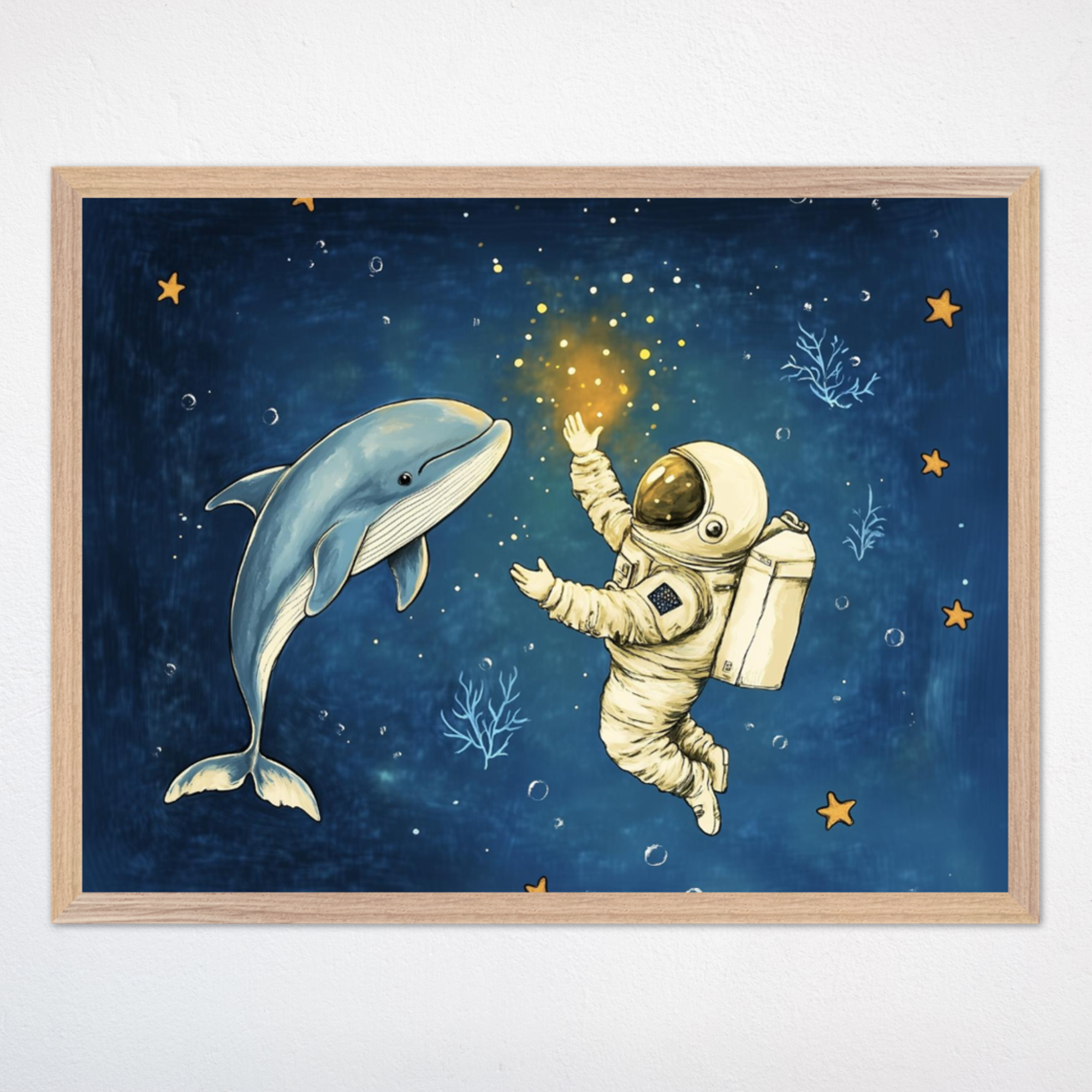 Lunar Dive Astronaut Wall Art for Nursery, Playroom or Kids Bedrooms - Whimsical Space and Ocean Stars Decor - Lunar Dive