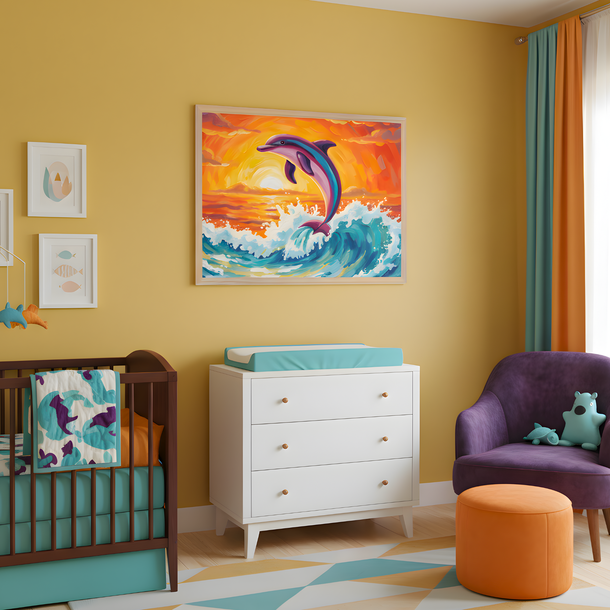 Cozy, ocean-themed nursery with a framed painting of a dolphin leaping from a wave at sunset hanging above a white changing table. The room features a dark wooden crib with dolphin-patterned bedding, a purple armchair with sea animal plush toys, and teal and orange accents throughout.