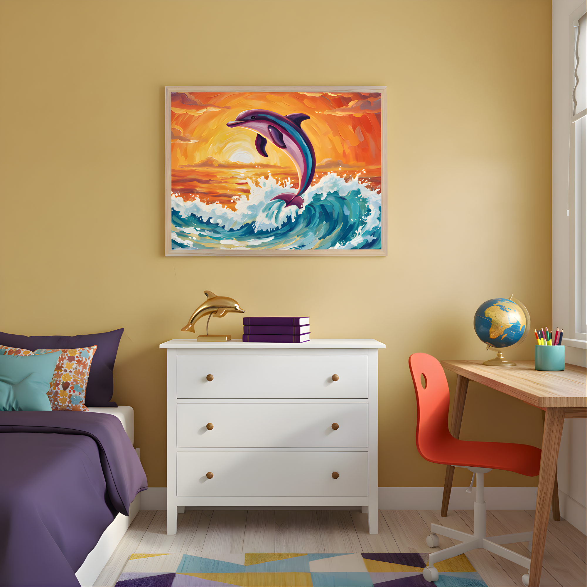 Bright and playful bedroom featuring a framed painting of a dolphin jumping from ocean waves at sunset, hanging above a white dresser. The space includes a purple-accented bed, a wooden desk with a globe and art supplies, and colorful decor that ties in with the ocean theme.