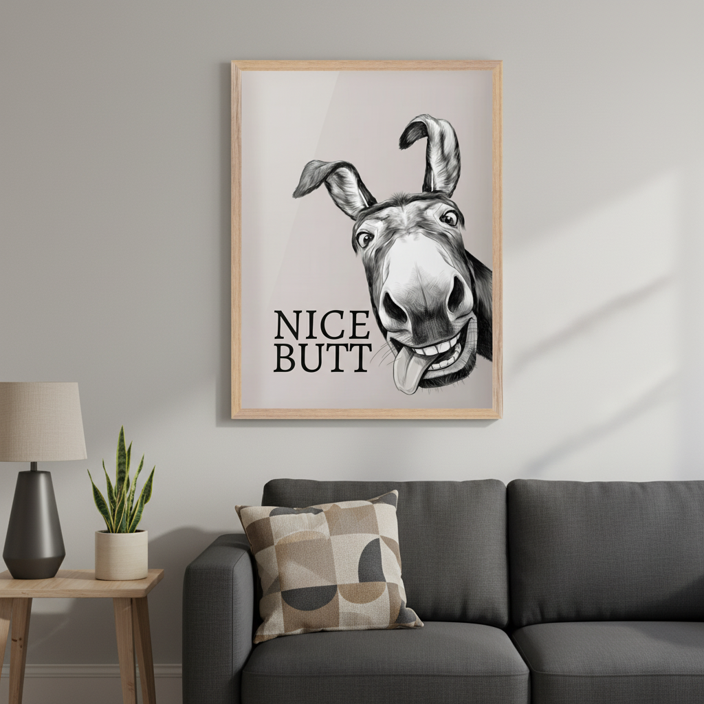 Modern living room with a dark gray sofa and wooden side table. A framed print featuring a black and white drawing of a smiling donkey with its tongue out and the text 'NICE BUTT' hangs centered above the sofa.