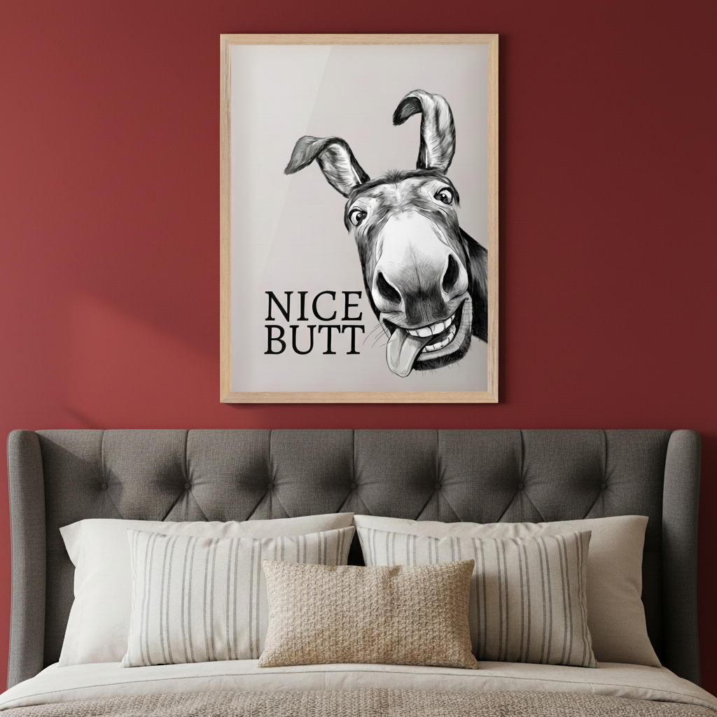 Bedroom with a gray tufted bed. A light wood-framed poster hangs centered above the bed on a red wall. The art is a black and white illustration of a donkey's head, tongue out, with "NICE BUTT" text.