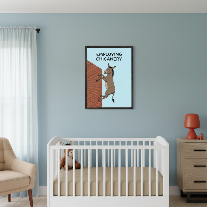 Modern nursery with light blue walls. A white crib is in the foreground, flanked by a beige armchair on the left and a wooden dresser on the right. A framed poster hangs on the wall above and to the right of the crib. It shows a cartoon donkey climbing a red brick wall, with the text "EMPLOYING CHICANERY."