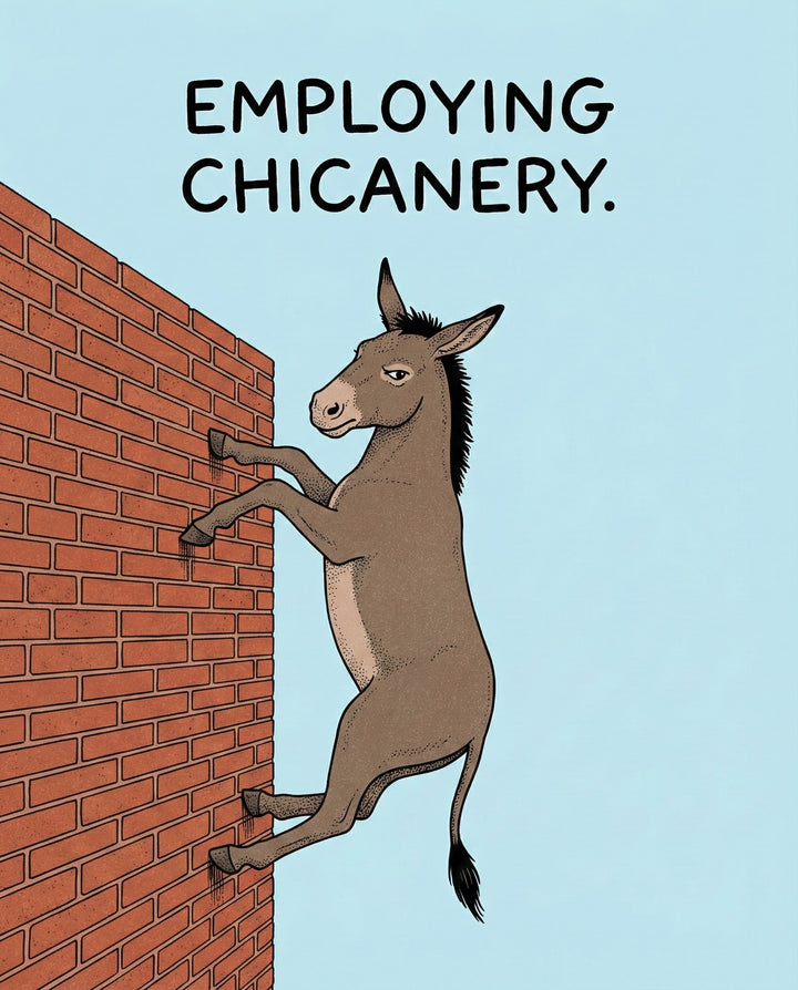 A cartoon donkey clings sideways to a red brick wall with a sly expression under the caption “Employing chicanery.” The light blue background adds contrast to the humorous, improbable scene.
