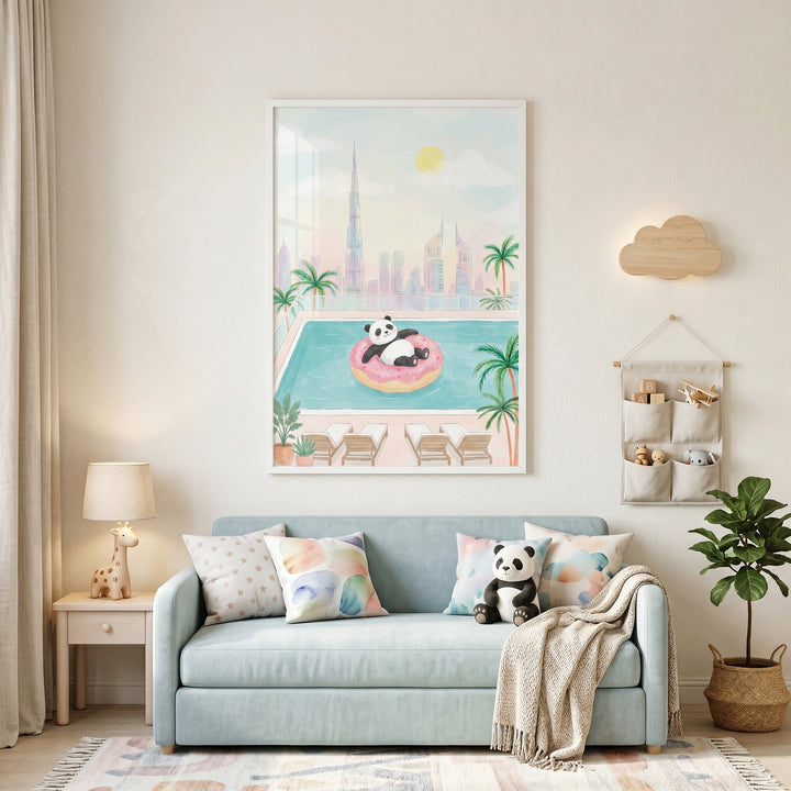 Donut float panda wall art hangs above a light blue sofa with a panda plush, giraffe lamp, and cloud light in a nursery.