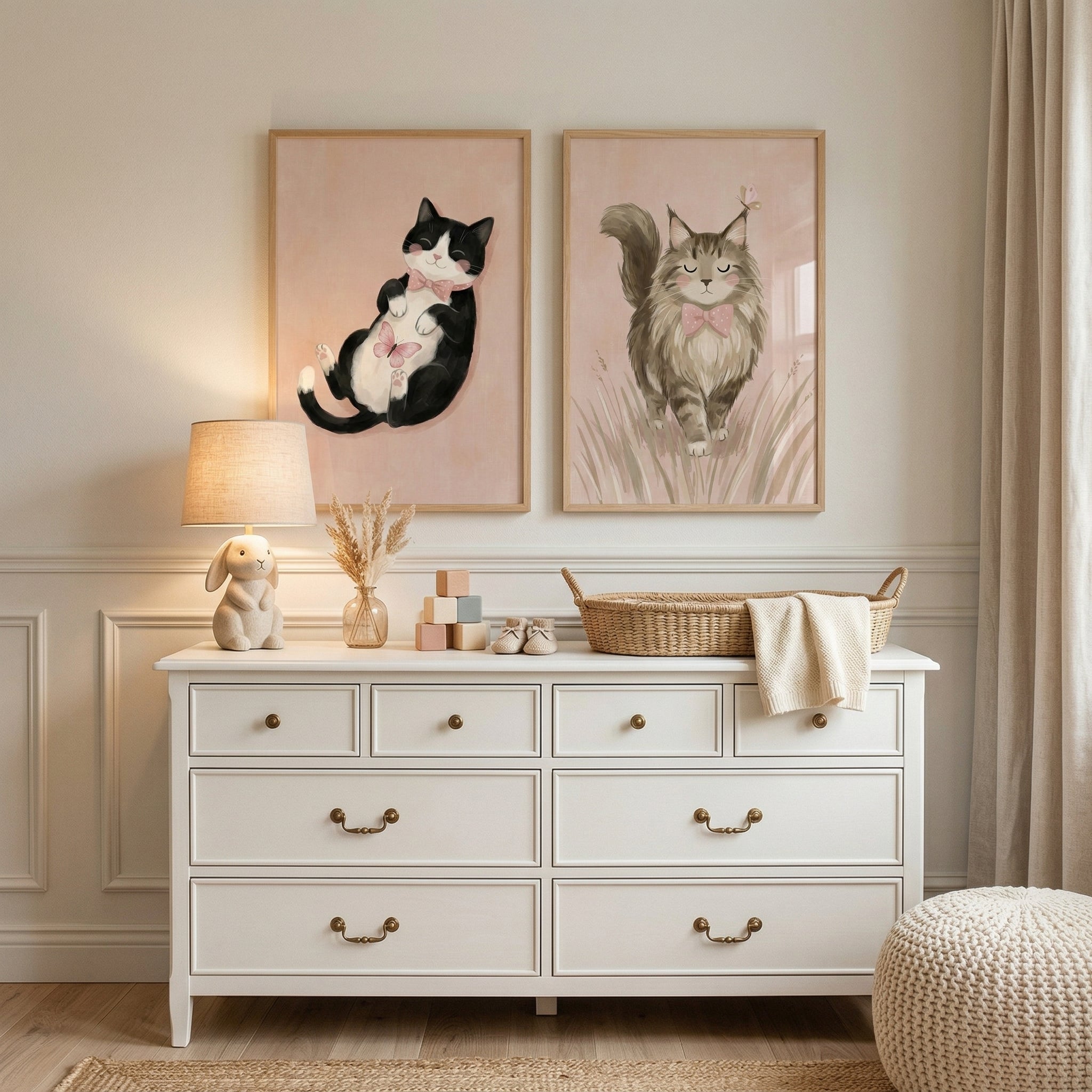 Dotted Bow Butterfly Cat Wall Art Set of 2 - Whimsical Cat Duo