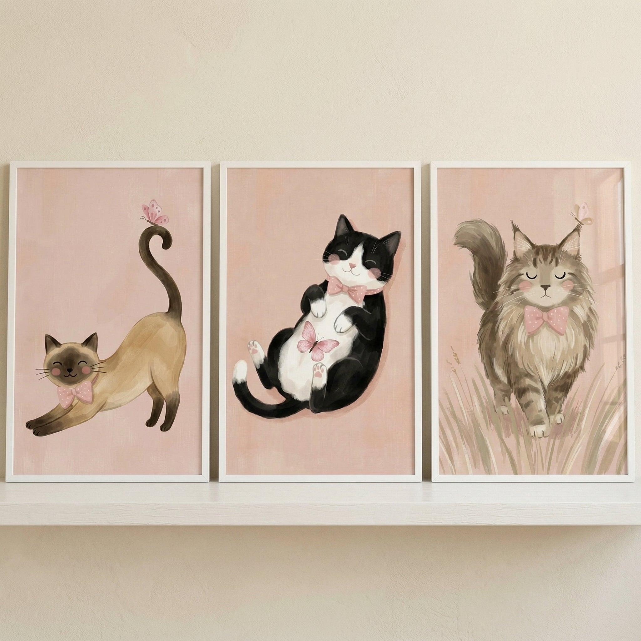 Dotted Pink Bow Cat Wall Art Set of 3 - Whimsical Cat Trio