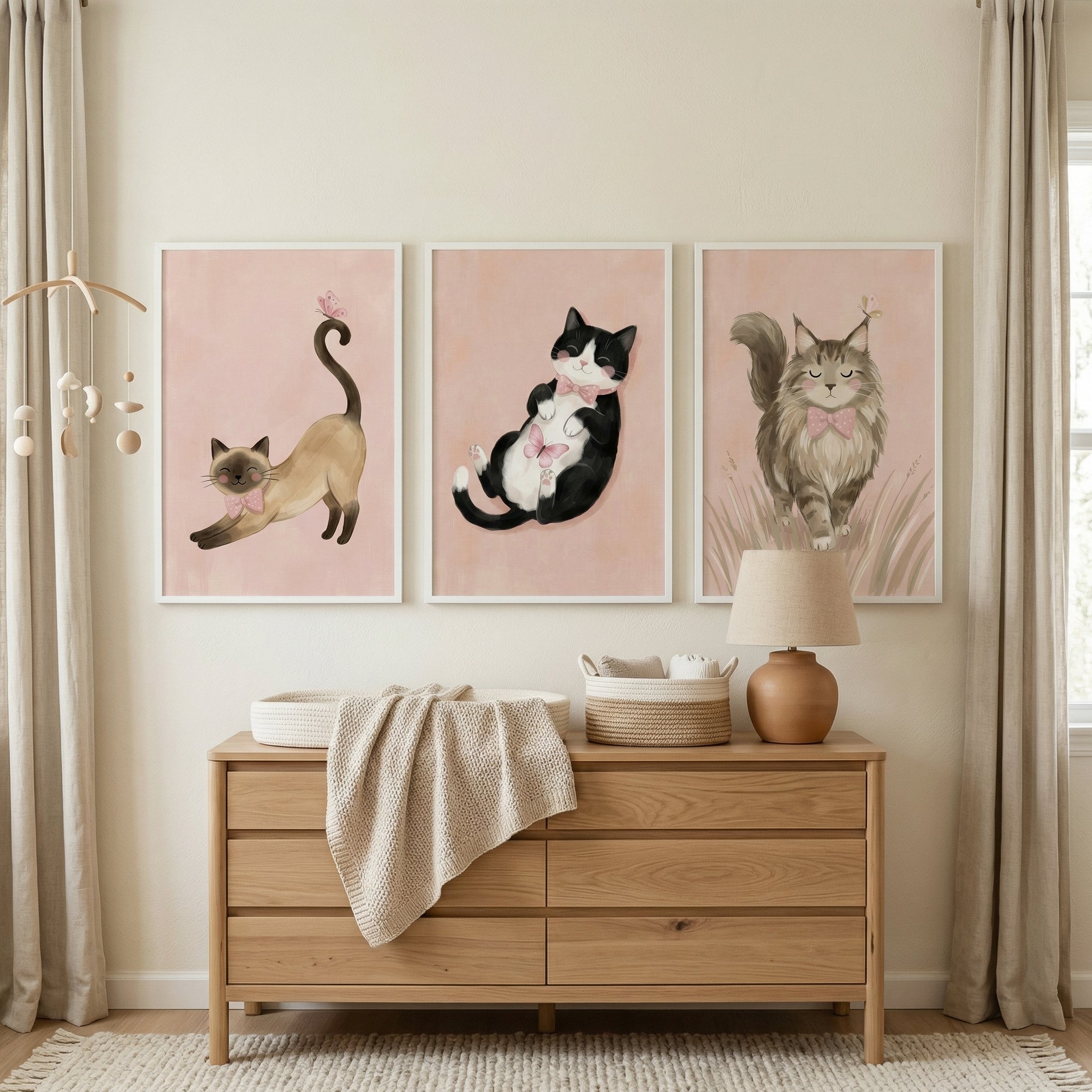 Dotted Pink Bow Cat Wall Art Set of 3 - Whimsical Cat Trio