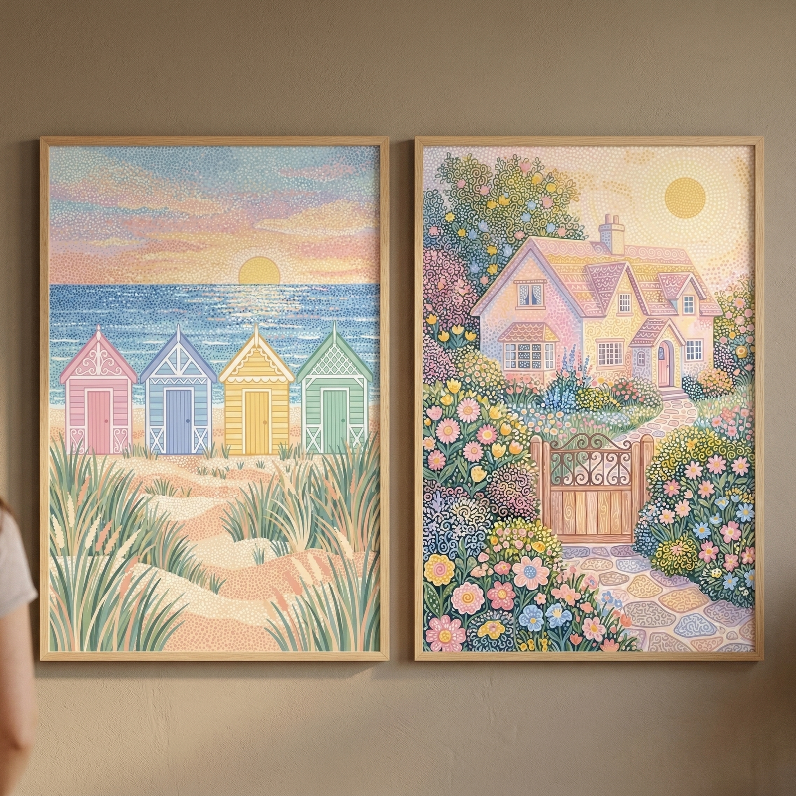 Two vertical wooden frames are mounted side by side on a smooth, tan wall. Each frame contains a piece of art created with a detailed pointillist technique, using a multitude of tiny dots of color to form the imagery. 

The artwork on the left features four charming beach huts in pastel shades of pink, blue, yellow, and green, lined up along a sandy shore. In the foreground, clumps of tall sea grass grow among the dunes. 