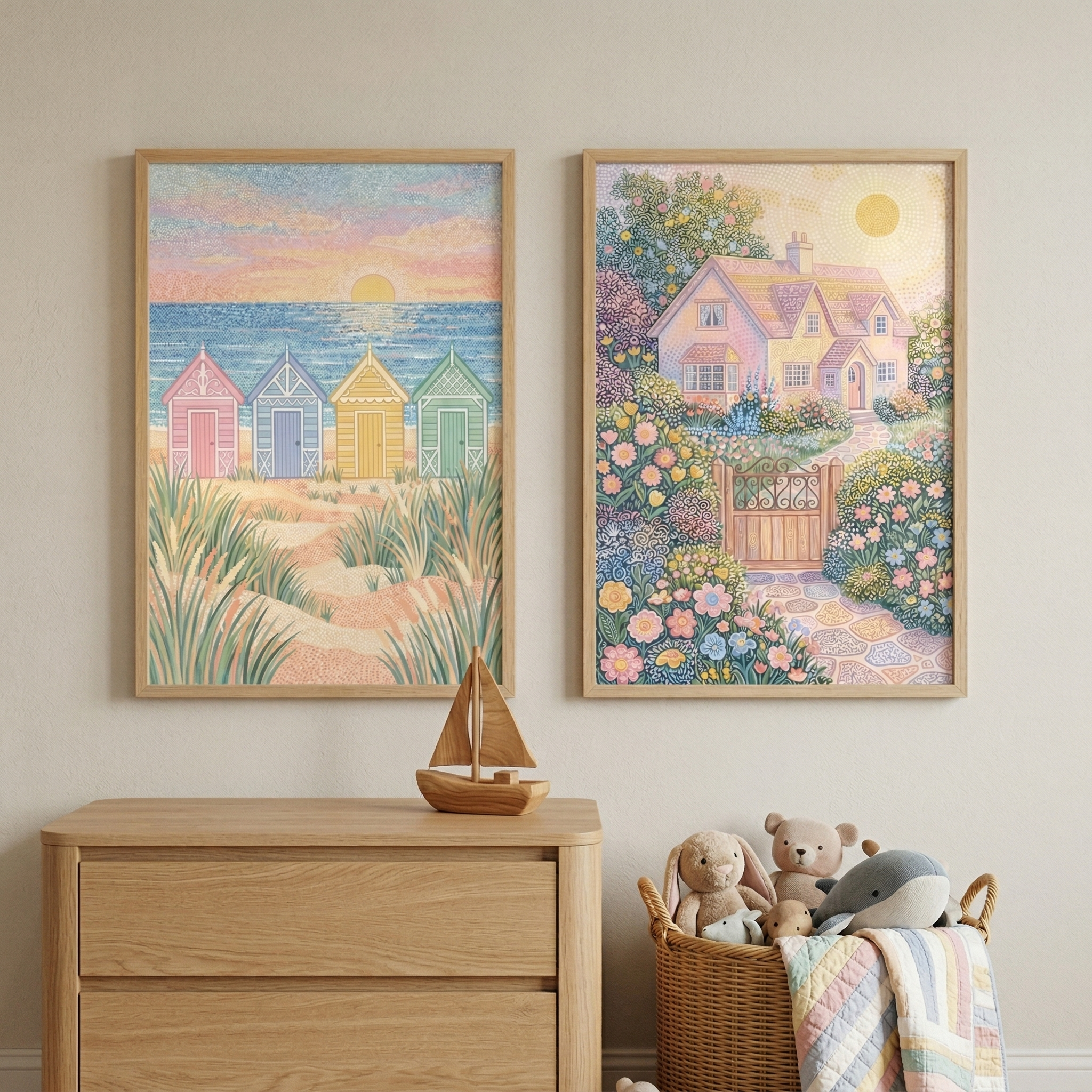Dotted Pointillist Style With Soft Pastel Colors Wall Art Set of 2 - Pastel Coastal Bliss