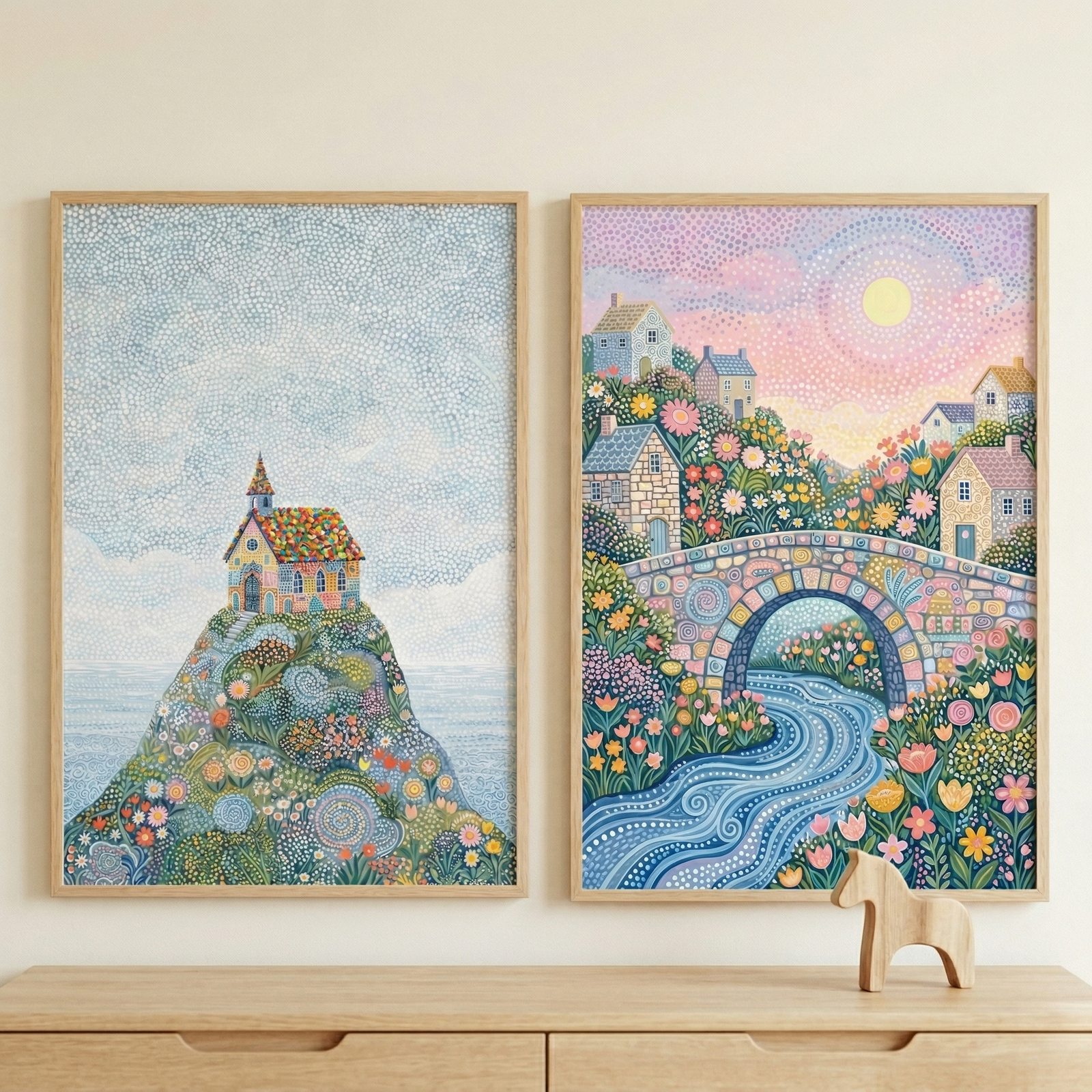 Two framed artworks in a folk-art style hang on a light wall above a wooden chest. Both use a pointillist technique of small dots. The left image depicts a colorful building atop a flower-covered hill by a blue sea. The right image shows a stone arch bridge over a swirling river, with houses and gardens under a pastel, sunlit sky. A small wooden horse figurine sits on the wooden surface below.