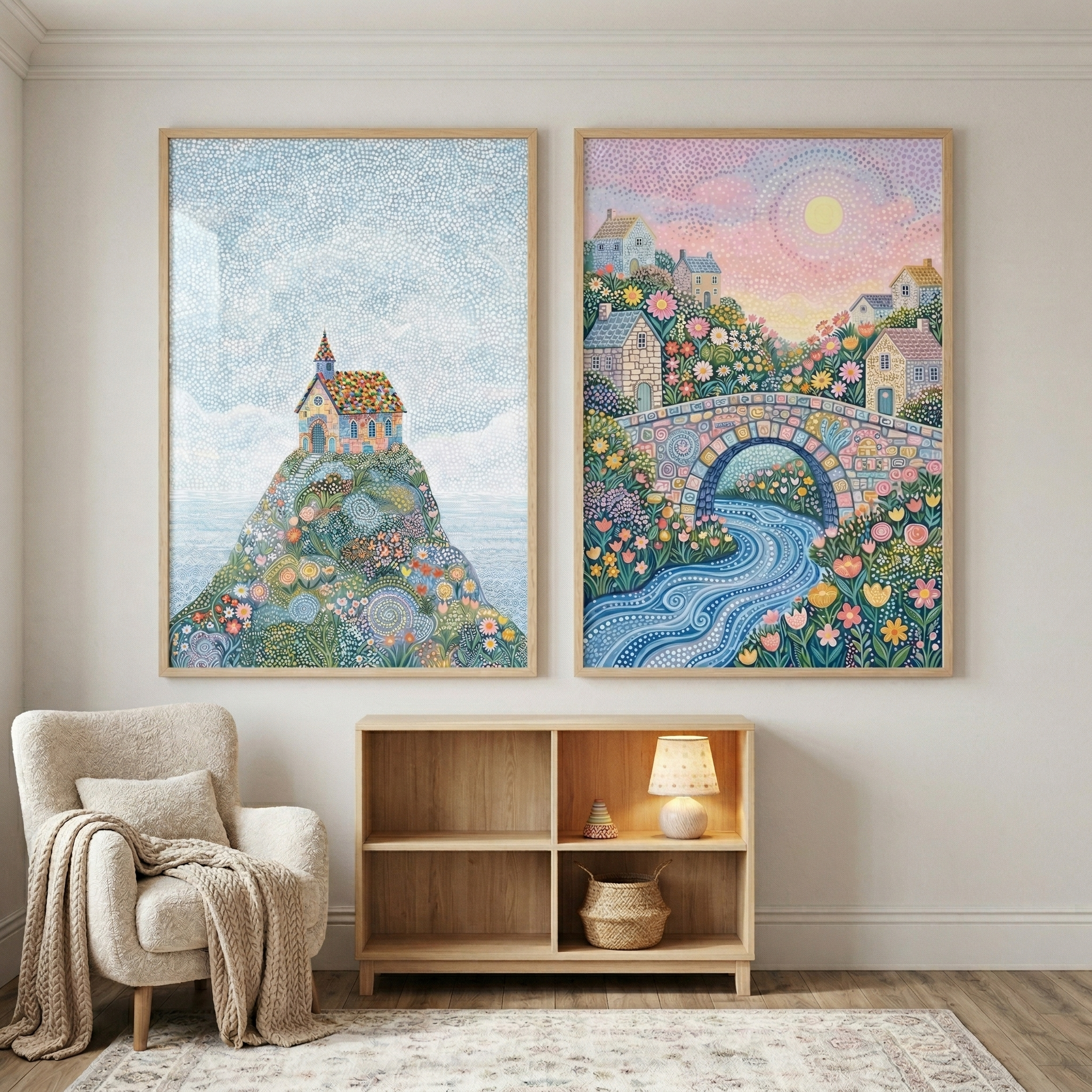 Dotted Texture Village Wall Art Set of 2 - Mosaic Hillside Chapel
