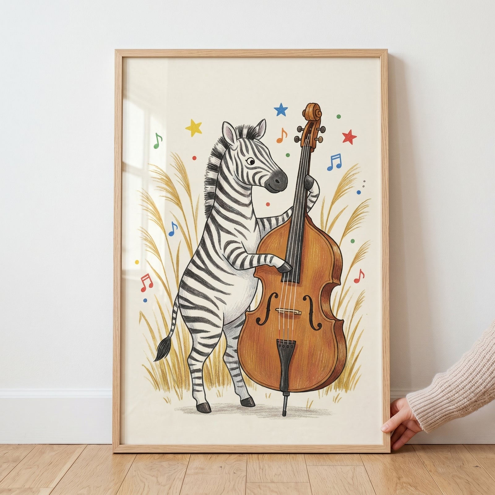 Double bass playing zebra wall art with a cartoon animal, musical notes, and stars, displayed in a light wood frame.
