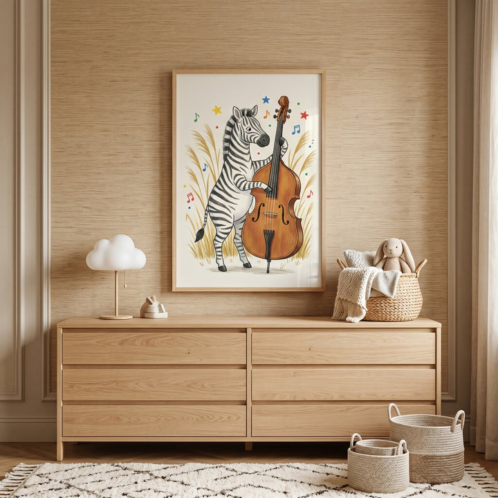 Double bass playing zebra wall art hangs above a wooden dresser in a nursery with a cloud lamp and plush rabbit.