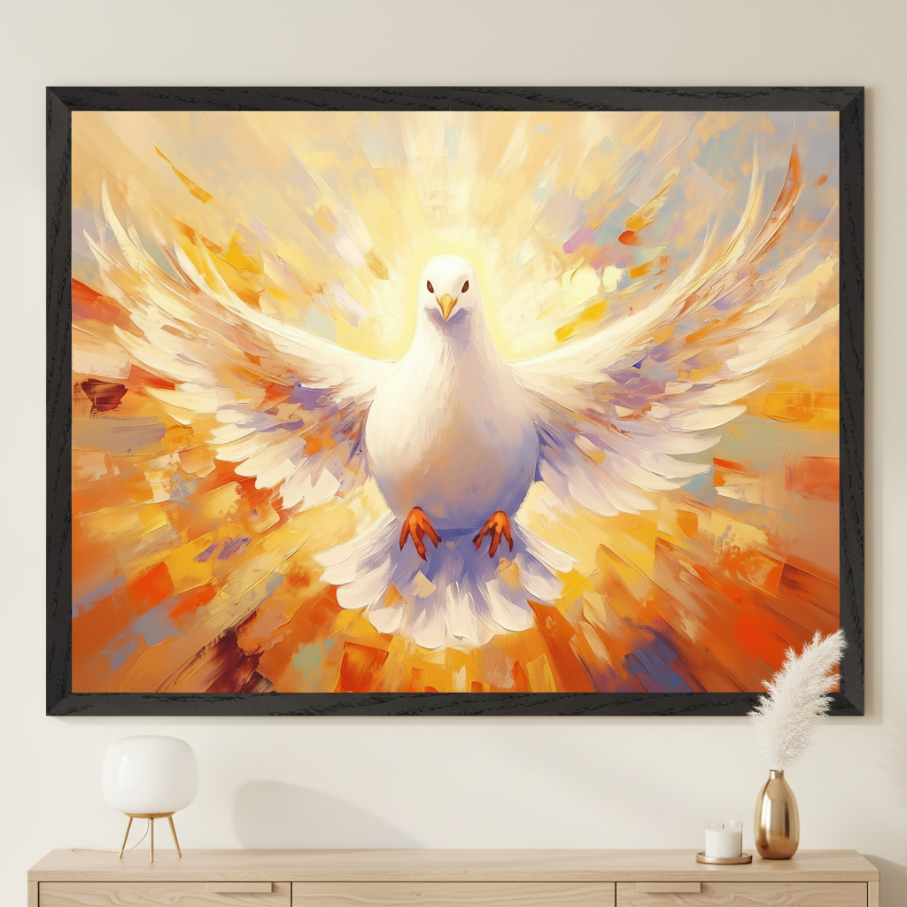 Modern living room with a light wood console table. A large framed oil painting of a white dove with spread wings and radiant yellow-orange light in an abstract, painterly style hangs centered above the table.