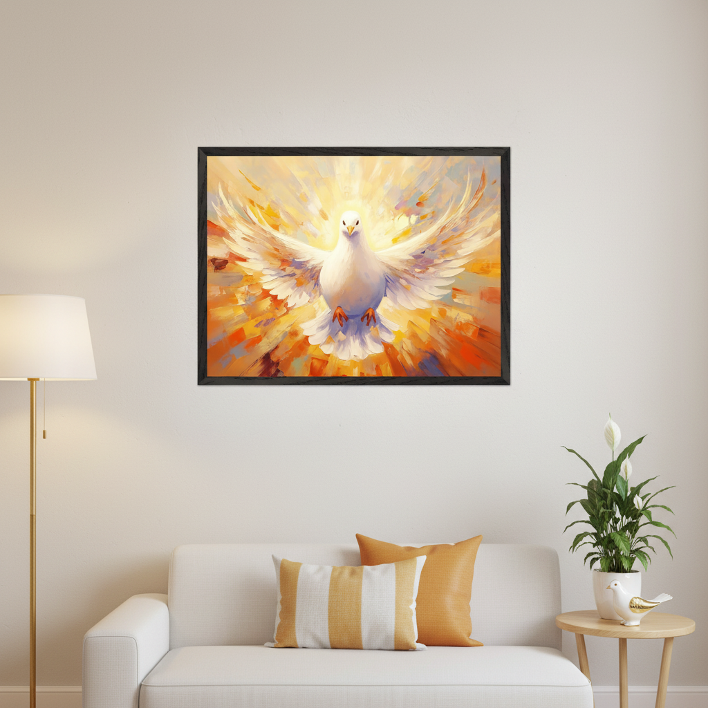 Living room with a white sofa and floor lamp. A framed painting of a white dove with outstretched wings, surrounded by warm, abstract, painterly light, hangs centered above the sofa. A peace lily plant and decorative bird are on a side table.