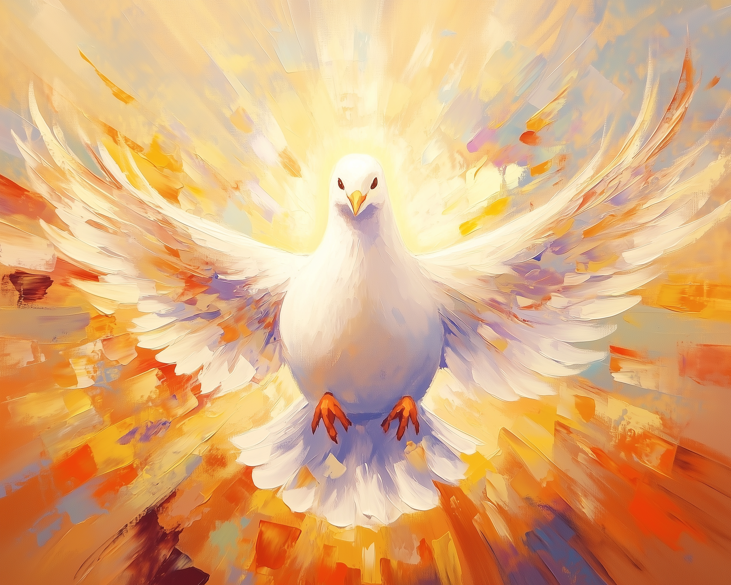 A majestic white dove spreads its wings wide, surrounded by radiant golden and orange hues, creating a vibrant and ethereal atmosphere.