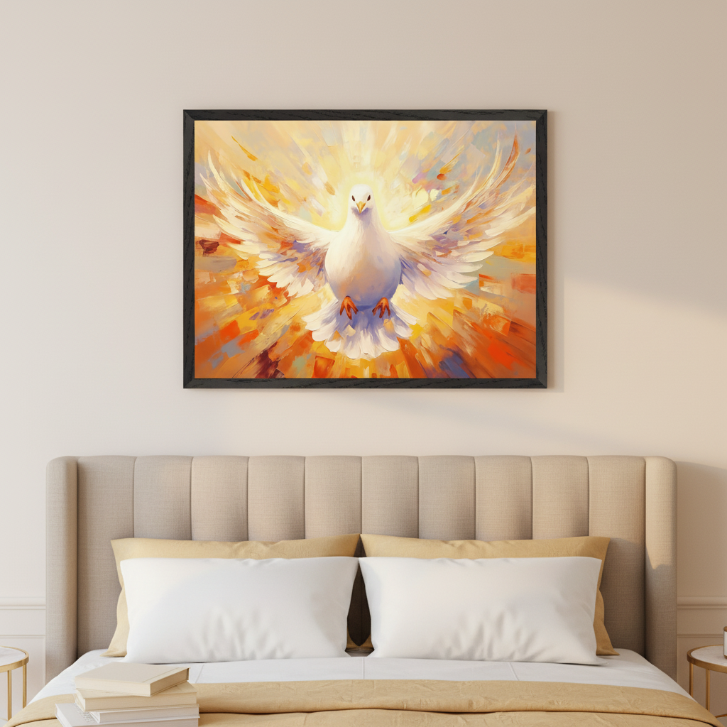 Modern bedroom with a beige upholstered bed. A large framed painting of a white dove flying amid radiating yellow and orange light in an impressionistic style hangs centered above the headboard.