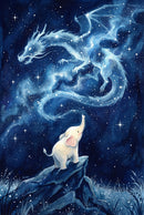 A dreamy night sky illustration of a small elephant standing on a rocky cliff gazing up at a glowing dragon shaped like swirling stars and constellations across a deep blue sky.
